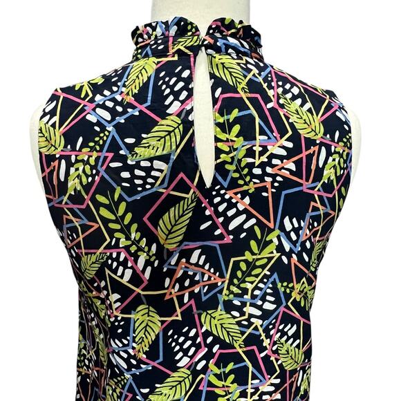 THML Dress S Blue Green Floral Geo Sleeveless Ruffle Neck Peplum Hem Boho Chic - Picture 4 of 14